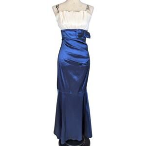 Vintage Y2K La Scala Strapless Blue & Ivory Satin Mermaid Gown Bow Detail